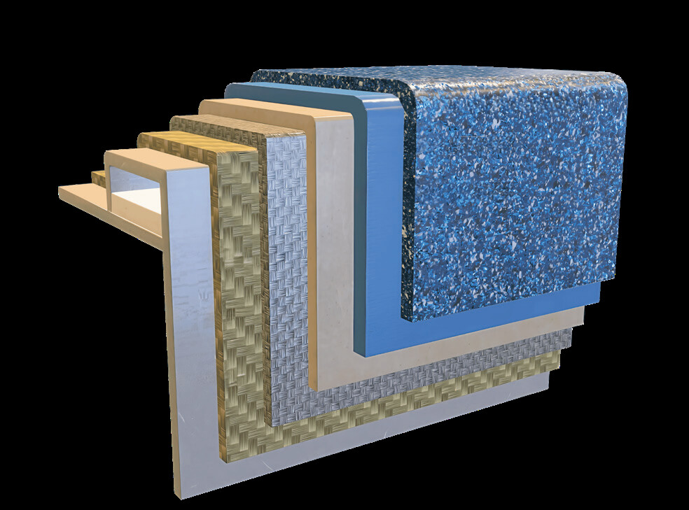 Latham fiberglass composite cross-section — gel coat, resin, fiber and reinforcement layers
