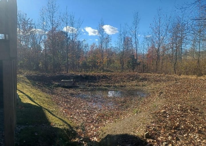 Stormwater retention basin with fallen leaves covering the bottom and banks in the fall