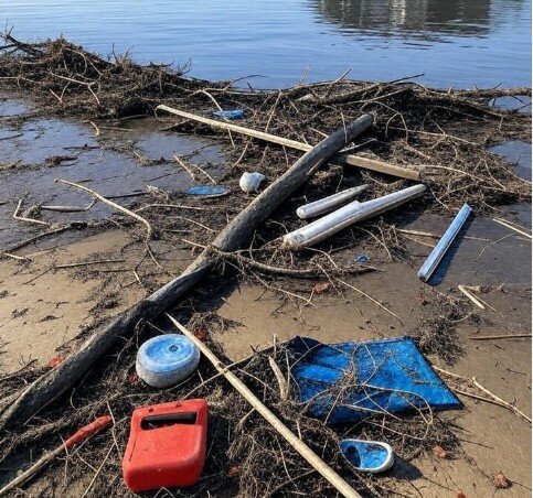 Tide line of dead reed and sticks on a muddy shore mixed with plastic jugs, pipe and a blue tarp
